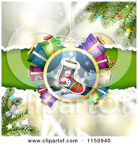 Clipart of a Christmas Bauble Background with Gifts and Branches - Royalty Free Vector Clipart by merlinul
