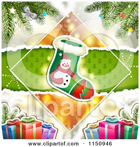 Clipart of a Torn Paper Christmas Background with a Stocking and Gifts - Royalty Free Vector Clipart by merlinul