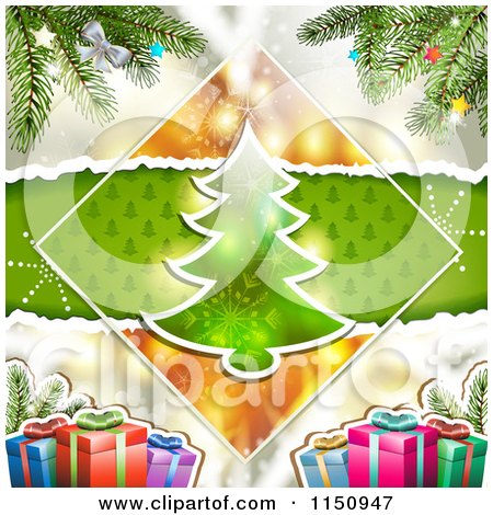 Clipart of a Christmas Background with a Tree in a Diamond with Branches and Gifts - Royalty Free Vector Clipart by merlinul
