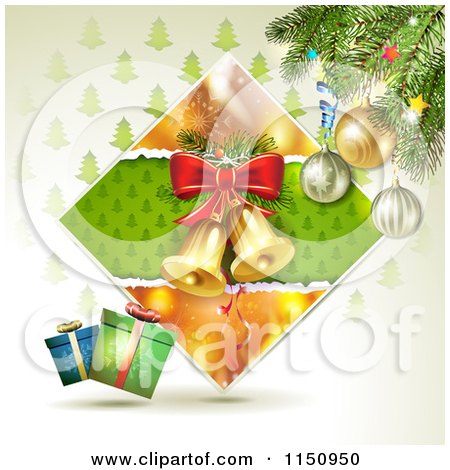 Clipart of a Christmas Background of Bells in a Diamond with Gifts and a Tree - Royalty Free Vector Clipart by merlinul