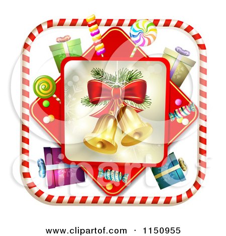 Clipart of a Candy Cane Border Around Christmas Bells Gifts and Candy - Royalty Free Vector Clipart by merlinul
