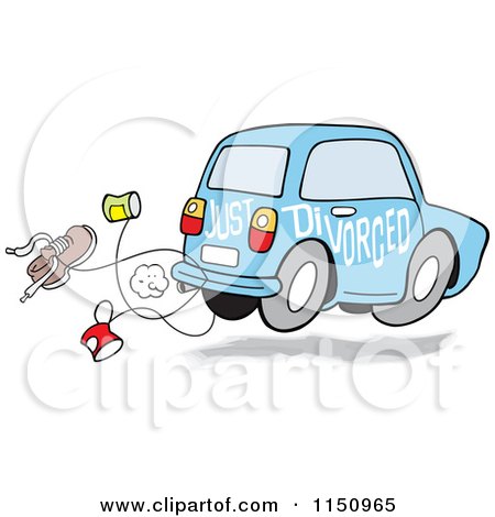Cartoon of a Blue Just Divorced Car with Cans and a Shoe - Royalty Free Vector Clipart by Johnny Sajem