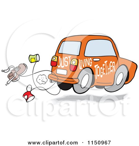 Cartoon of an Orange Just Living Together Car with Cans and a Shoe - Royalty Free Vector Clipart by Johnny Sajem