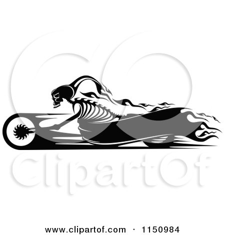 Clipart of a Black and White Flaming Skeleton Biker on a Motorcycle with Copyspace - Royalty Free Vector Clipart by Vector Tradition SM