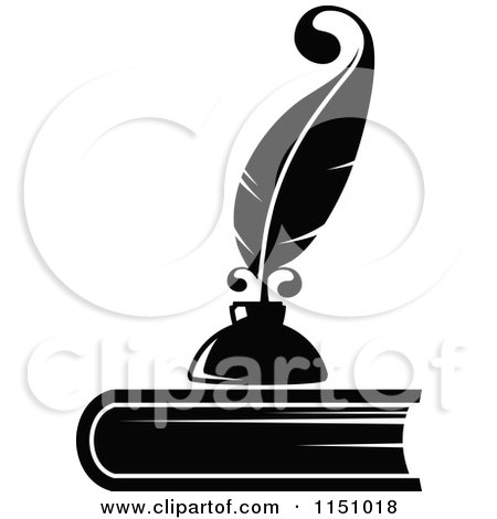 Clipart of a Black and White Feather Quill Pen and Ink Well on a Book - Royalty Free Vector Clipart by Vector Tradition SM