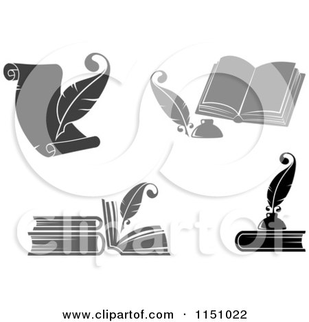 Clipart of Grayscale Feather Quill Pens and Books - Royalty Free Vector Clipart by Vector Tradition SM