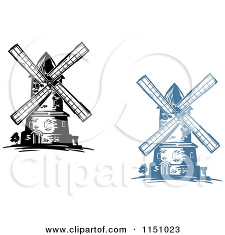 Clipart of Black and White and Blue Windmills - Royalty Free Vector Clipart by Vector Tradition SM