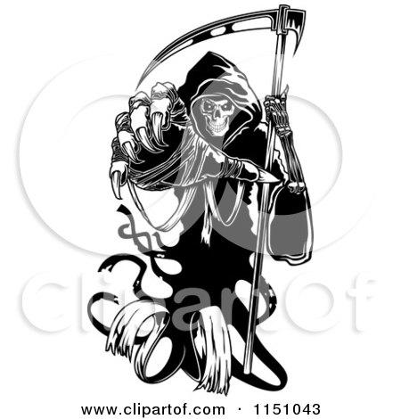 Clipart of a Black and White Grim Reaper Holding a Scythe and Reaching out - Royalty Free Vector Clipart by Vector Tradition SM