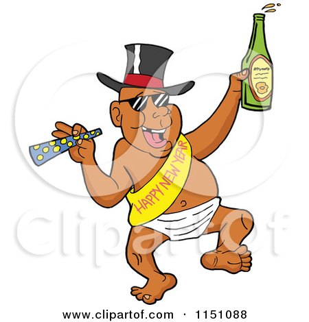 Cartoon of a Partying New Year Adult Black Man Dancing in a Baby Diaper Sash and Hat - Royalty Free Vector Clipart by LaffToon