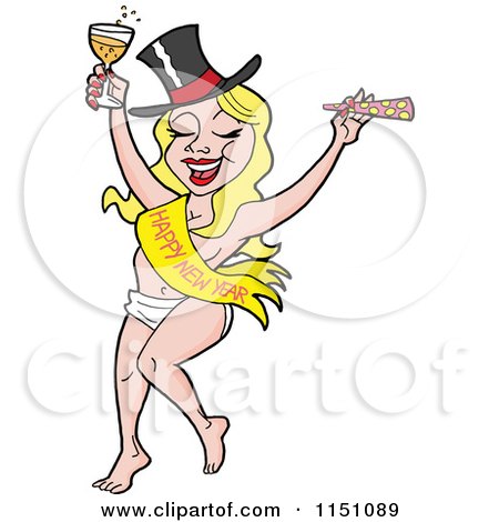 Cartoon of a Partying New Year Adult Caucasian Woman Dancing in a Baby Diaper Sash and Hat - Royalty Free Vector Clipart by LaffToon