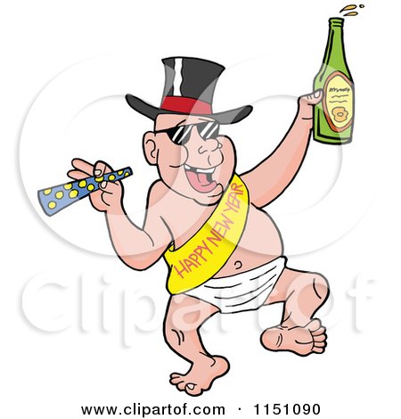 Cartoon of a Partying New Year Adult Caucasian Man Dancing in a Baby Diaper Sash and Hat - Royalty Free Vector Clipart by LaffToon