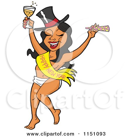 Cartoon of a Partying New Year Adult Black Woman Dancing in a Baby Diaper Sash and Hat - Royalty Free Vector Clipart by LaffToon