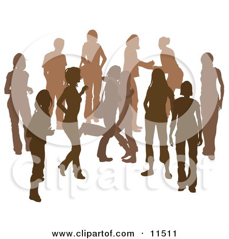 Brown Group of Silhouetted People Hanging Out in a Crowd, Two Friends Hugging Clipart Illustration by AtStockIllustration