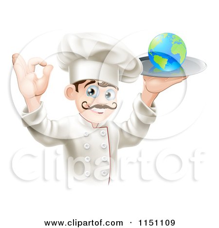Cartoon of a Happy Chef Gesturing Ok and Holding a Globe on a Platter - Royalty Free Vector Clipart by AtStockIllustration