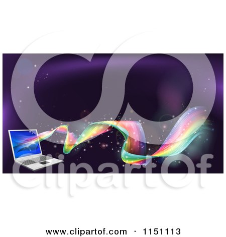 Clipart of a Rainbow Wave Flowing from a Laptop Computer - Royalty Free Vector Clipart by AtStockIllustration