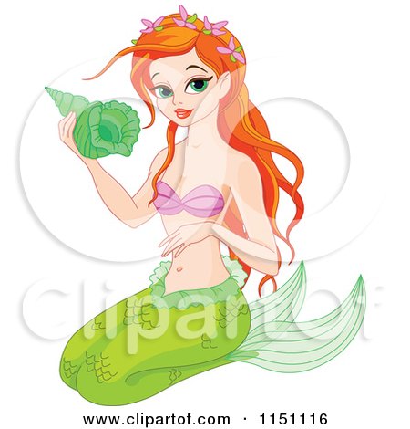 Cartoon of a Gorgeous Red Haired Mermaid Holding a Shell - Royalty Free Vector Clipart by Pushkin