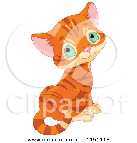 Cartoon of a Cute Orange Tabby Kitten with Gren Eyes Looking Back - Royalty Free Vector Clipart by Pushkin