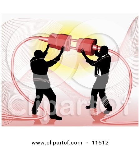 Two Businessmen Working Together to Connect a Plug and Socket Over Red Clipart Illustration by AtStockIllustration