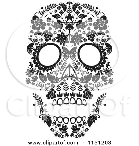 Clipart of a Black and White Ornate Floral Day of the Dead Skull - Royalty Free Vector Clipart by lineartestpilot