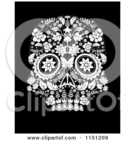 Clipart of a Black and White Ornate Floral Day of the Dead Skull - Royalty Free Vector Clipart by lineartestpilot