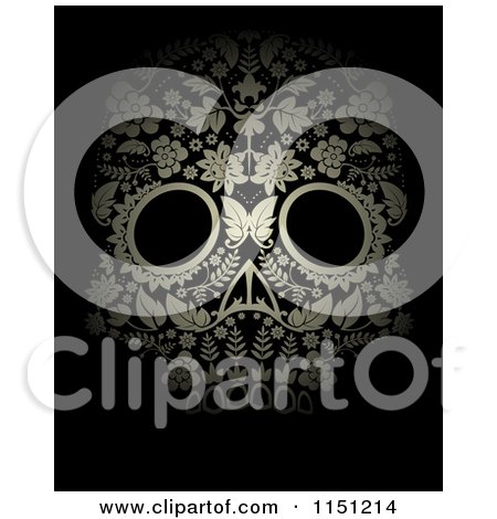 Clipart of a Golden Ornate Floral Day of the Dead Skull on Black - Royalty Free Vector Clipart by lineartestpilot