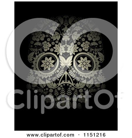Clipart of a Golden Ornate Floral Day of the Dead Skull on Black - Royalty Free Vector Clipart by lineartestpilot