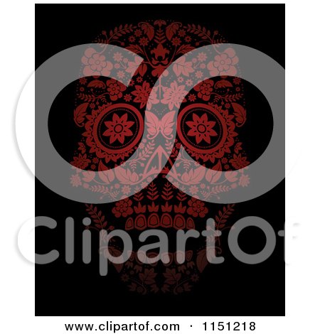Clipart of a Red Ornate Floral Day of the Dead Skull - Royalty Free Vector Clipart by lineartestpilot