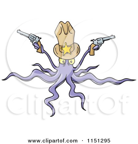 Cartoon of a Sheriff Squid with a Hat and Two Pistols - Royalty Free Vector Clipart by Any Vector
