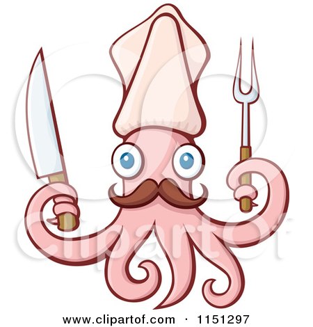Cartoon of a Pink Squid Chef with a Knife and Barbecue Fork - Royalty Free Vector Clipart by Any Vector