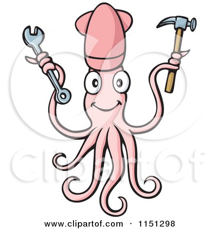 Cartoon of a Pink Squid Handyman Holding a Wrench and Hammer - Royalty Free Vector Clipart by Any Vector