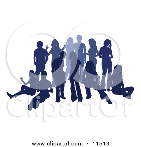 Blue Group of Silhouetted People Hanging Out in a Crowd Clipart Illustration by AtStockIllustration