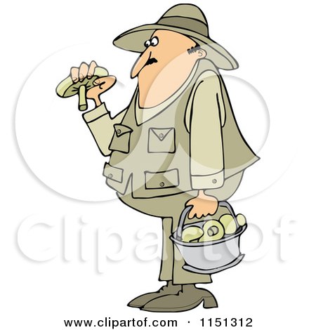 Cartoon of a Man Gathering Mushrooms - Royalty Free Vector Clipart by djart