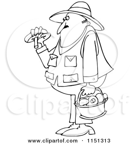 Cartoon of an Outlined Man Gathering Mushrooms - Royalty Free Vector Clipart by djart