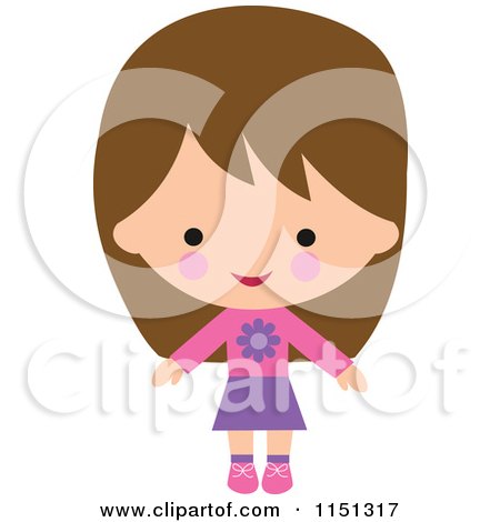 Cartoon of a Happy Brunette Girl Dressed in Pink and Purple - Royalty Free Illustration by peachidesigns