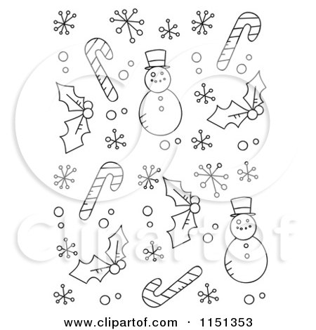 Cartoon Clipart Of Black And White Digital Collage of Red and Blue Christmas Items - Vector Outlined Coloring Page by Cory Thoman