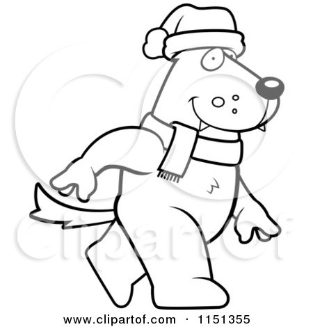 Cartoon Clipart Of A Black And White Christmas Wolf Walking - Vector Outlined Coloring Page by Cory Thoman