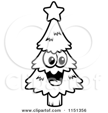 Cartoon Clipart Of A Black And White Cartoon Clipart of a Happy Christmas Tree - Vector Outlined Coloring Page by Cory Thoman