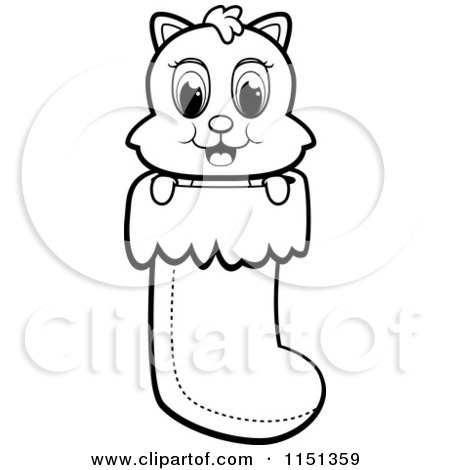 Cartoon Clipart Of A Black And White Cute Christmas Kitty in a Stocking - Vector Outlined Coloring Page by Cory Thoman