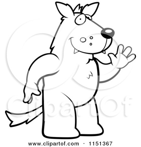 Cartoon Clipart Of A Black And White Friendly Wolf Standing and Waving - Vector Outlined Coloring Page by Cory Thoman