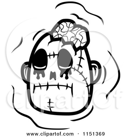 Cartoon Clipart Of A Black And White Zombie Head With a Bow - Vector Outlined Coloring Page by Cory Thoman