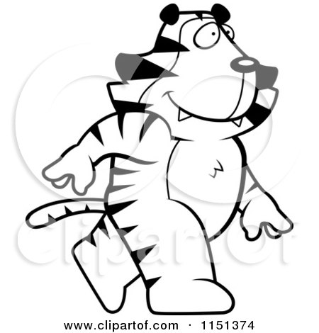 Cartoon Clipart Of A Black And White Walking Tiger - Vector Outlined Coloring Page by Cory Thoman