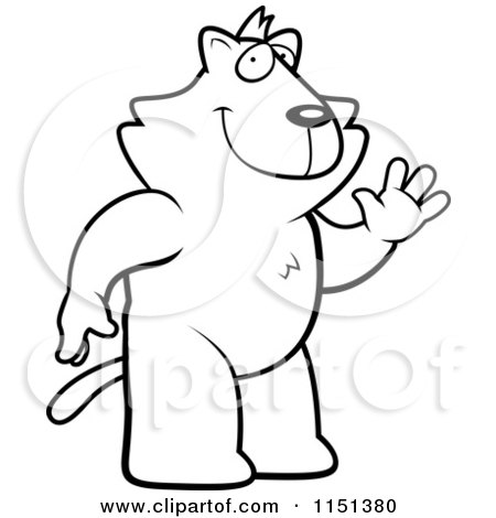 Cartoon Clipart Of A Black And White Friendly Cat Standing and Waving - Vector Outlined Coloring Page by Cory Thoman