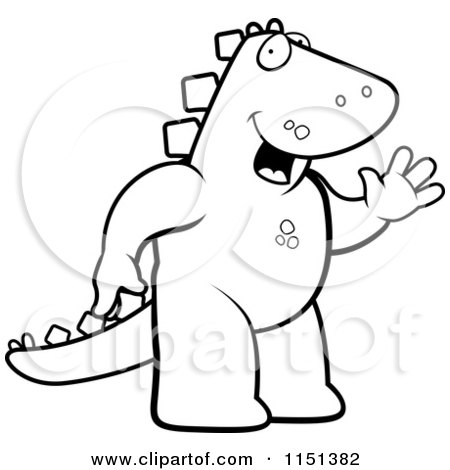 Cartoon Clipart Of A Black And White Friendly Dinosaur Standing and Waving - Vector Outlined Coloring Page by Cory Thoman