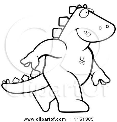 Cartoon Clipart Of A Black And White Walking Dino - Vector Outlined Coloring Page by Cory Thoman