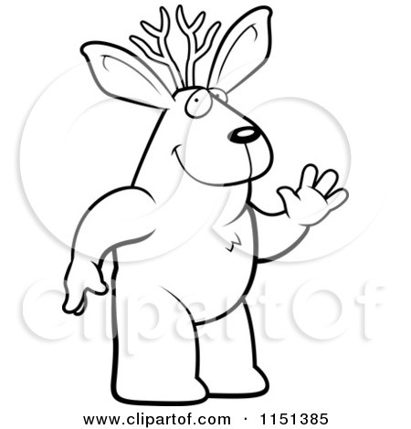 Cartoon Clipart Of A Black And White Waving Friendly Jackalope - Vector Outlined Coloring Page by Cory Thoman