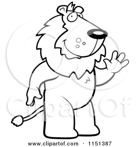 Cartoon Clipart Of A Black And White Friendly Lion Standing and Waving - Vector Outlined Coloring Page by Cory Thoman