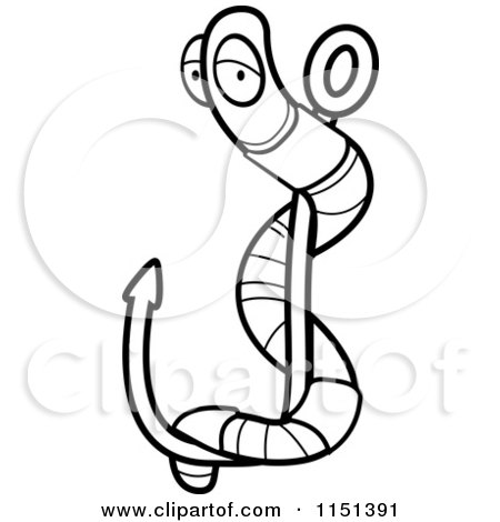 Cartoon Clipart Of A Black And White Worm on a Fish Hook - Vector Outlined Coloring Page by Cory Thoman