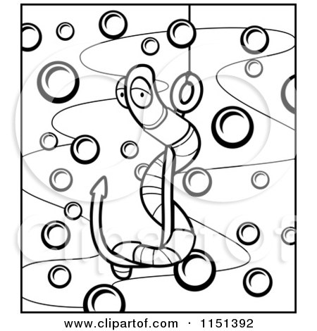 Cartoon Clipart Of A Black And White Worm on a Fishing Hook Underwater - Vector Outlined Coloring Page by Cory Thoman