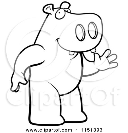Cartoon Clipart Of A Black And White Friendly Hippo Standing and Waving - Vector Outlined Coloring Page by Cory Thoman