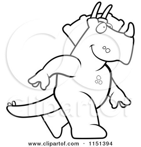 Cartoon Clipart Of A Black And White Walking Triceratops - Vector Outlined Coloring Page by Cory Thoman